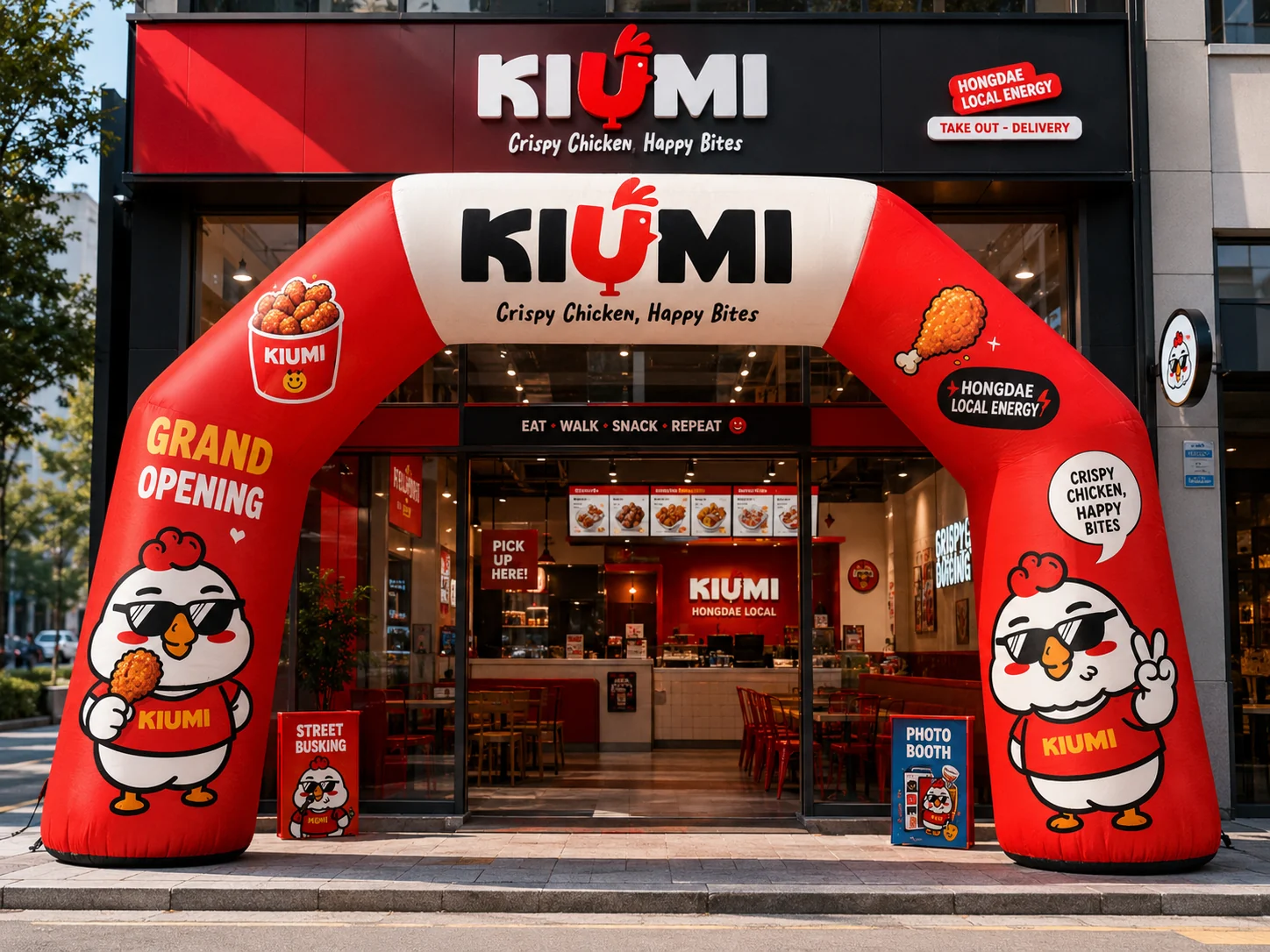 Mặt tiền KIUMI với cổng sự kiện khai trương màu đỏ