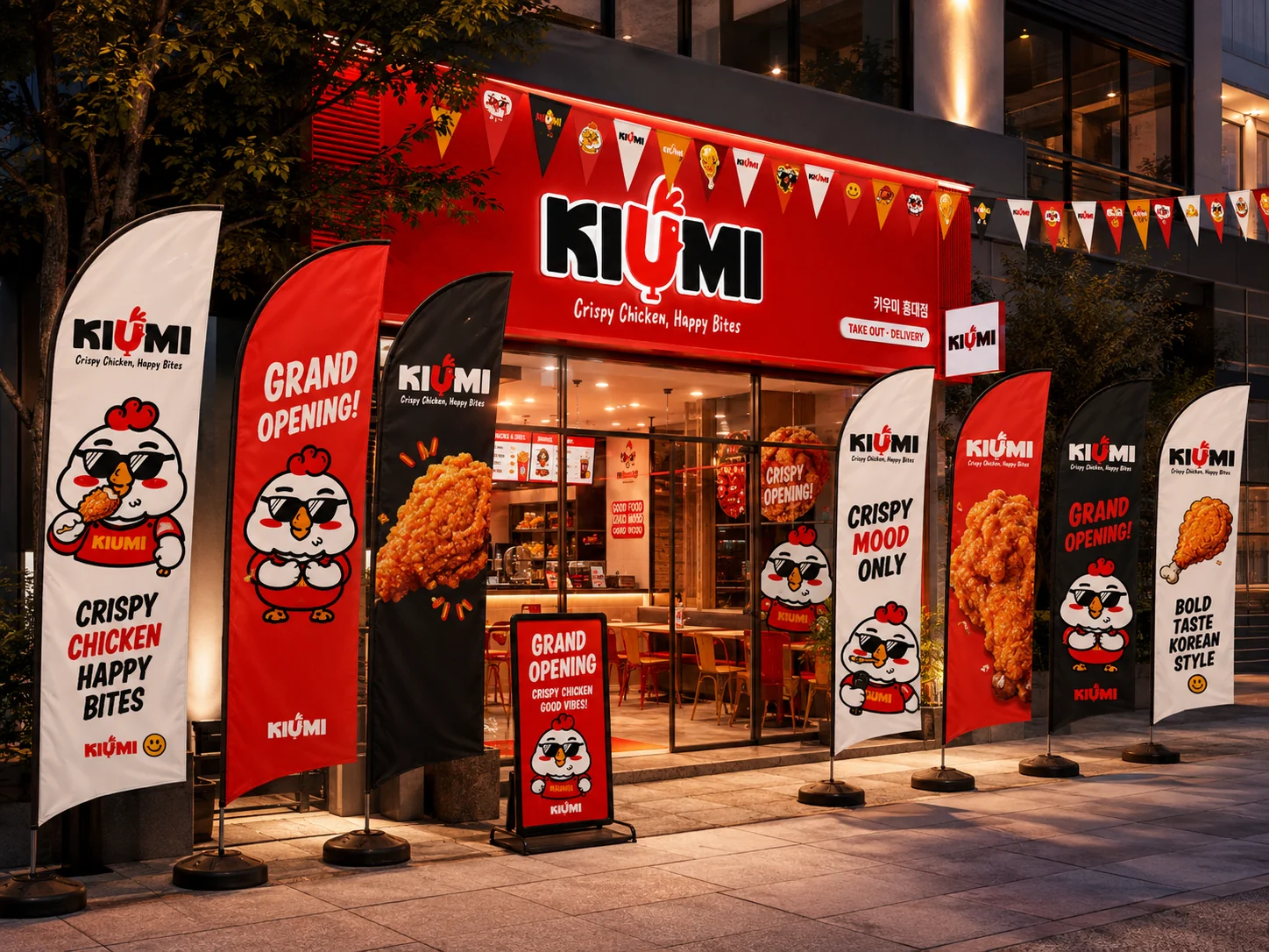 Mặt tiền KIUMI vào buổi tối với hệ thống cờ khai trương