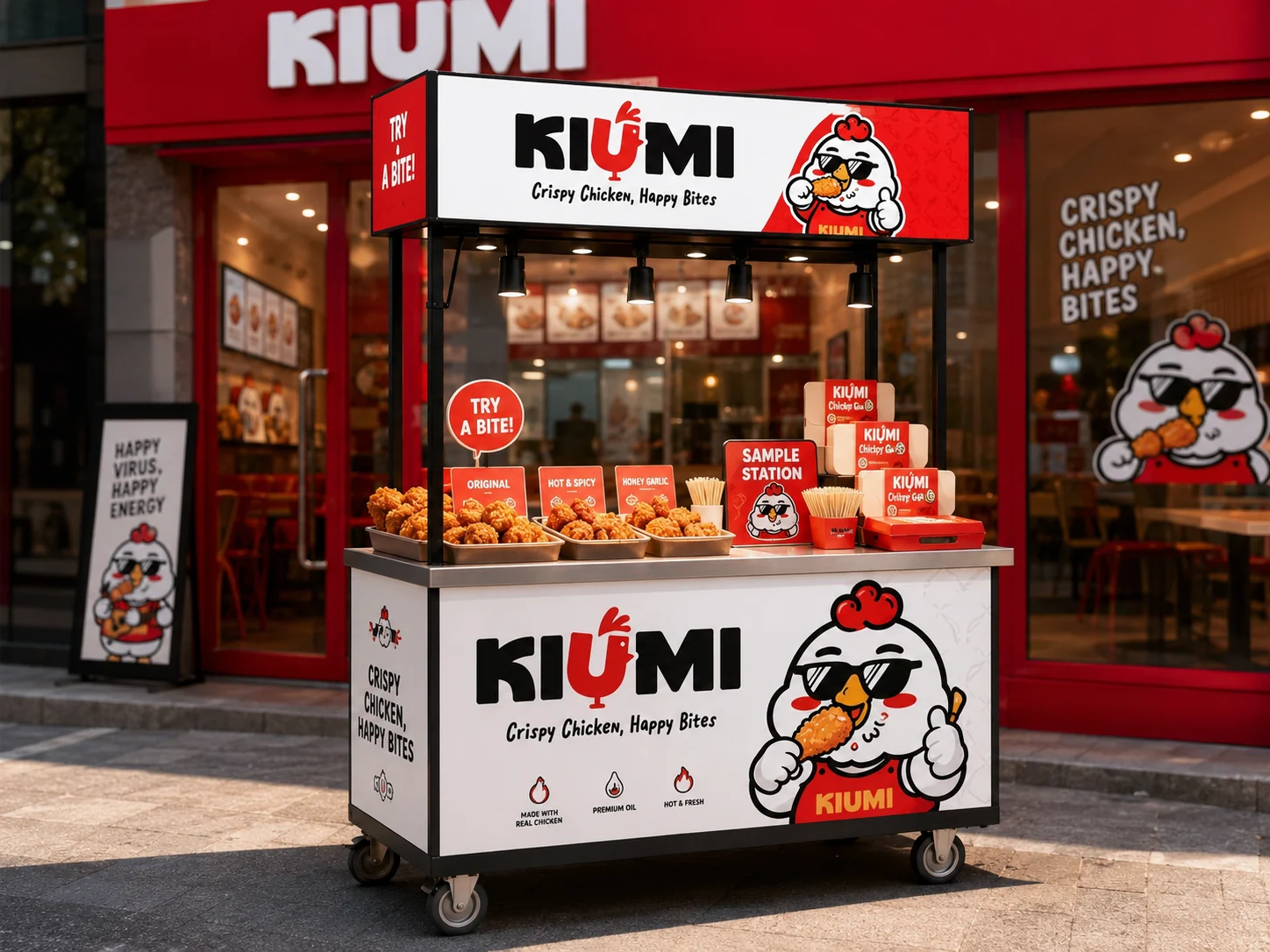 Quầy dùng thử sản phẩm KIUMI trước cửa hàng