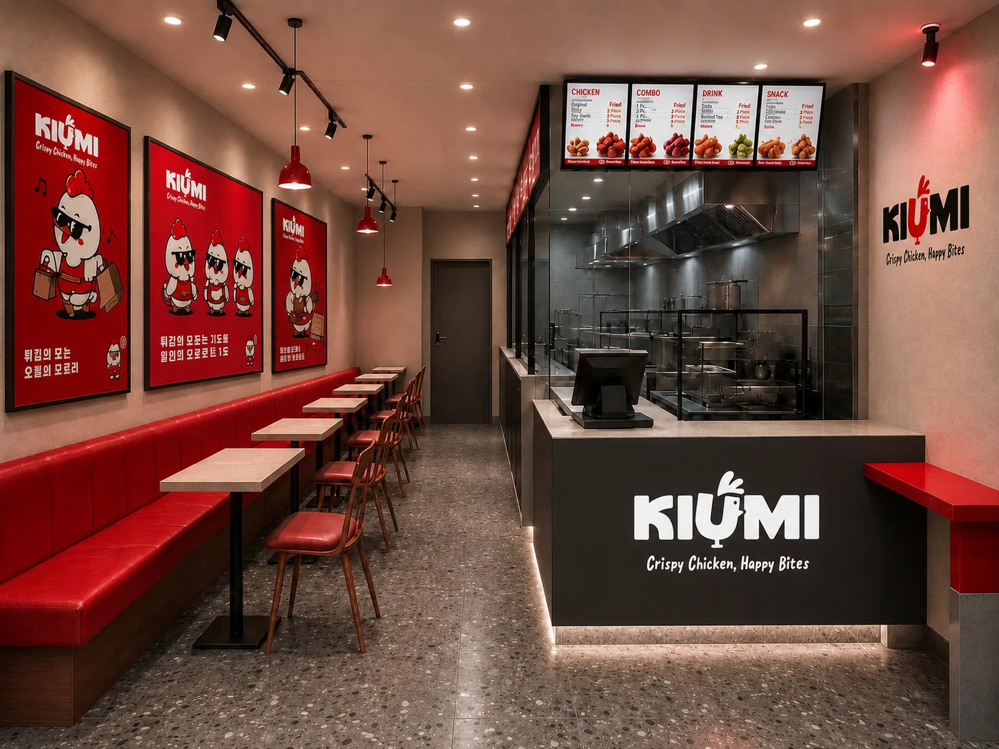 Mô hình 3D khu vực quầy, bếp mở và chỗ ngồi KIUMI