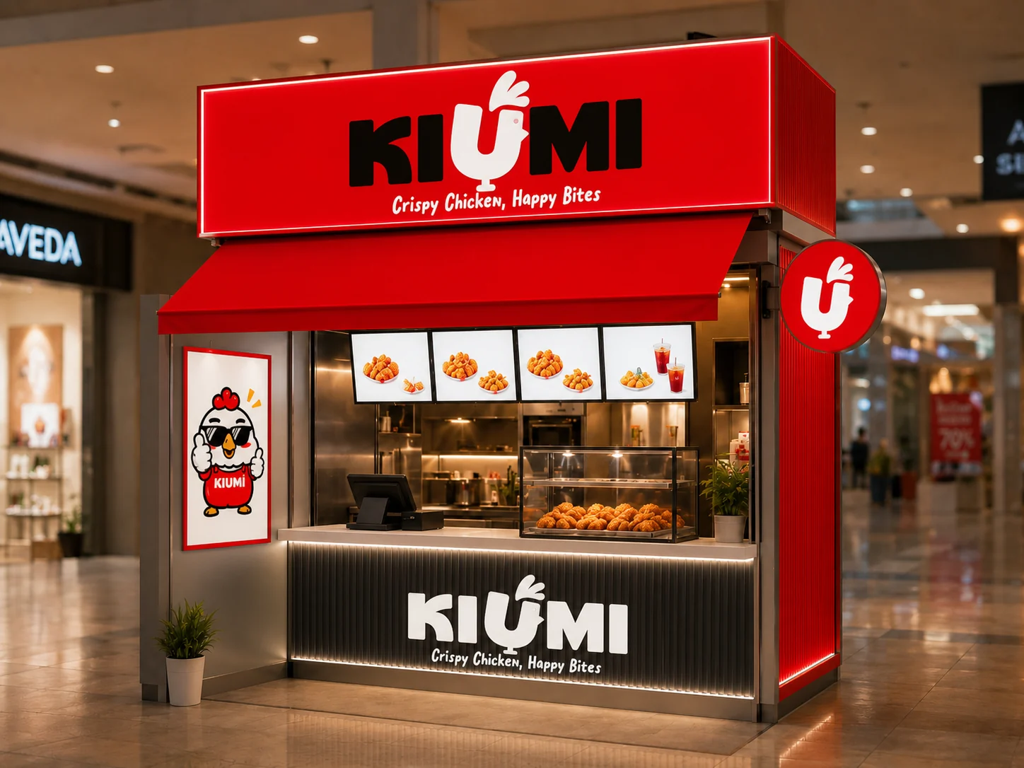 Phối cảnh mô hình KIUMI Mini trong trung tâm thương mại, biển hiệu đỏ và logo có viền sáng trắng