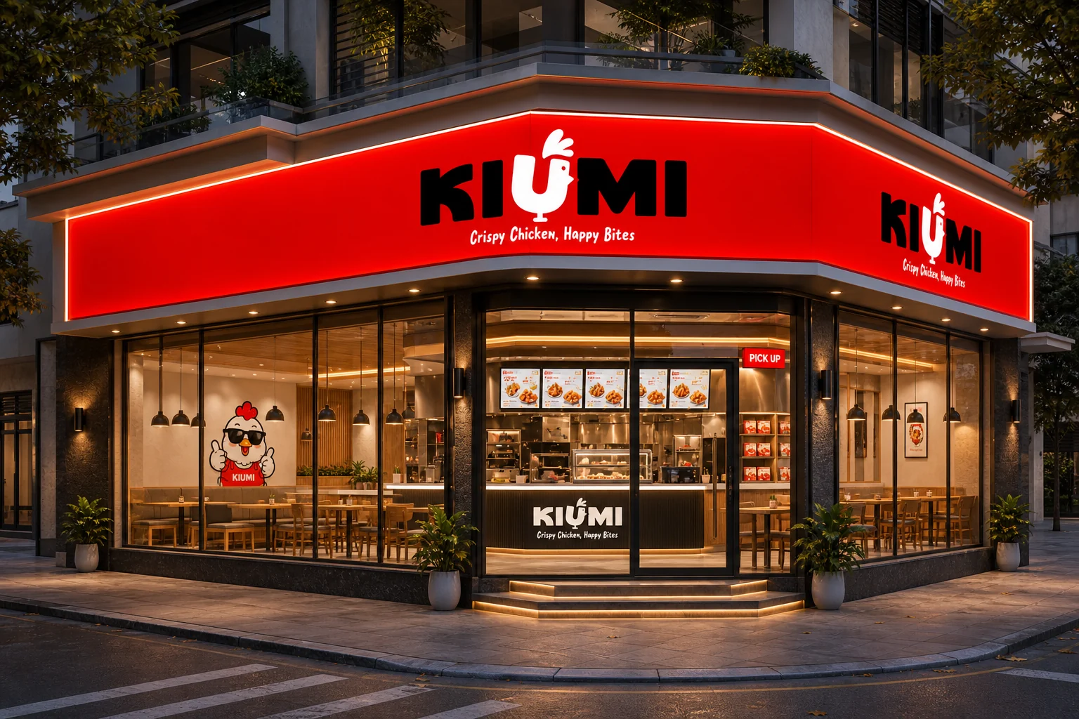 Phối cảnh mô hình KIUMI Pro ở mặt bằng góc với hệ biển hiệu đỏ có viền sáng trắng