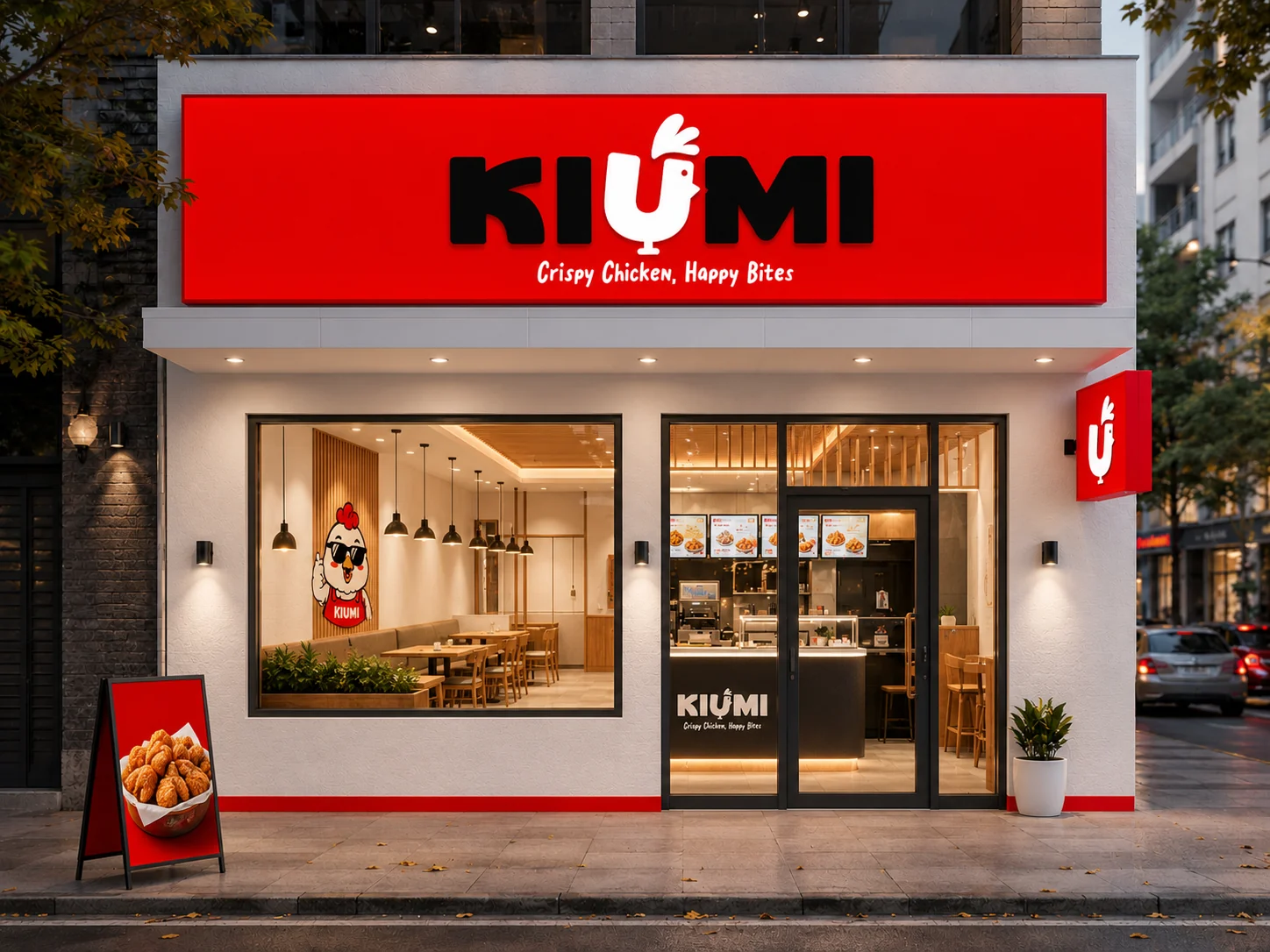 Phối cảnh mô hình cửa hàng KIUMI Standard với mặt tiền đỏ, kính lớn và biển hiệu có viền sáng trắng